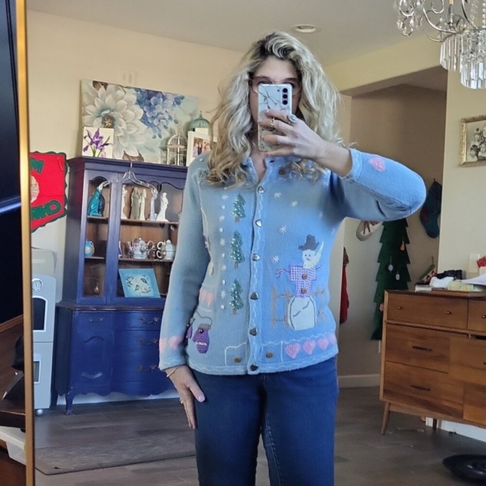 Quacker Factory Blue Snowman Cardigan